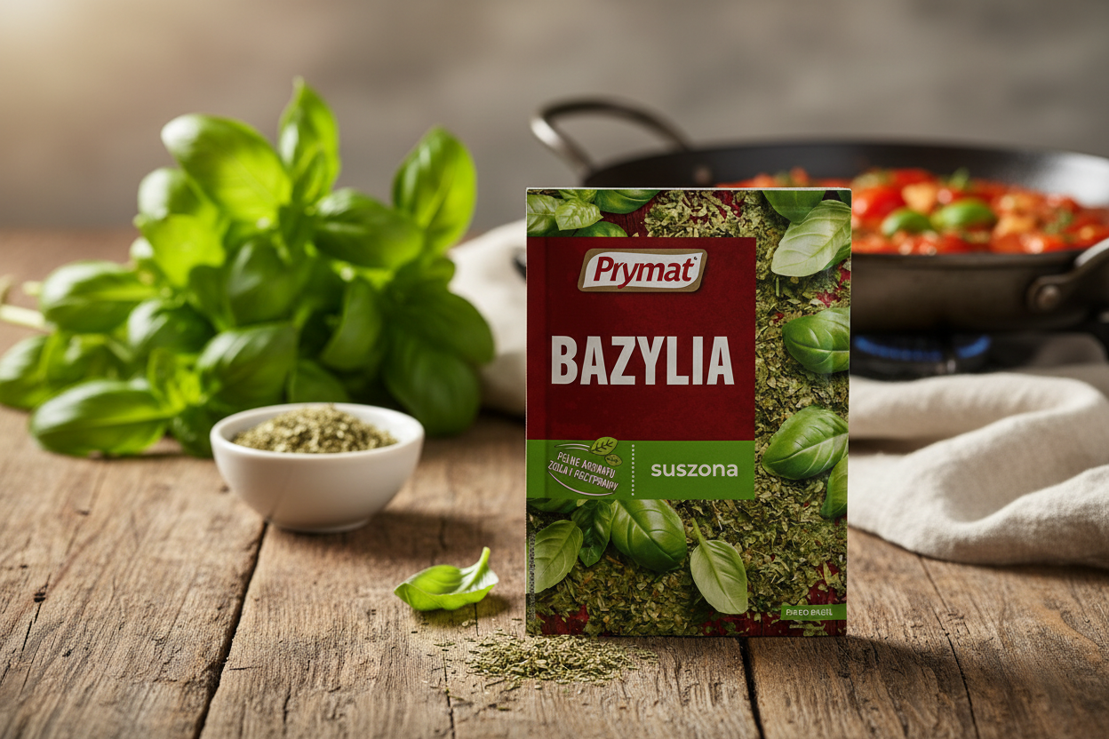 Prymat dried basil packet on a rustic wooden table with fresh bright green basil leaves and small white ceramic bowl of dried basil and rustic tomato sauce simmering in a pan in the background