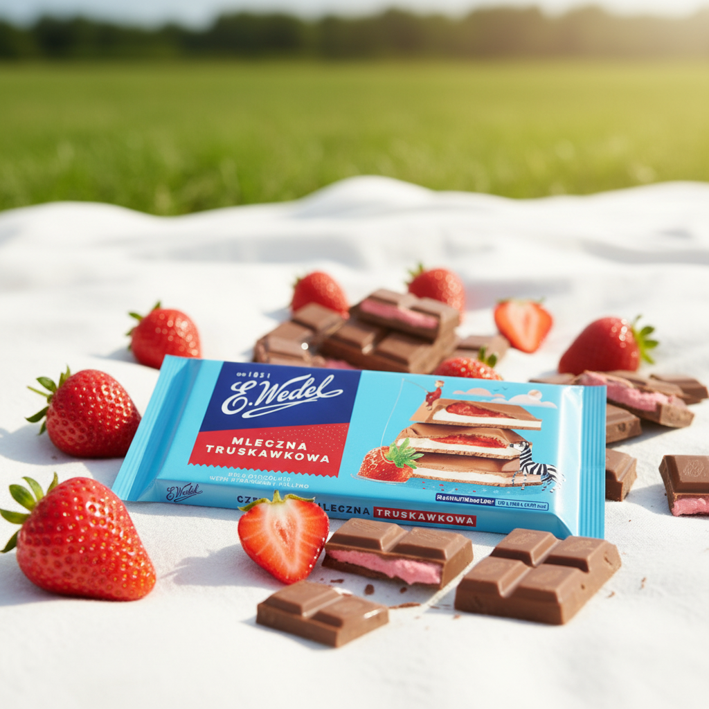 E. Wedel Mleczna Truskawkowa bar on white picnic blanket with fresh strawberries and summer sunlight