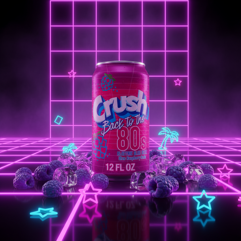 Crush Back to the 80s Blue Raspberry can with neon lighting, blue raspberries and retro 80s atmosphere