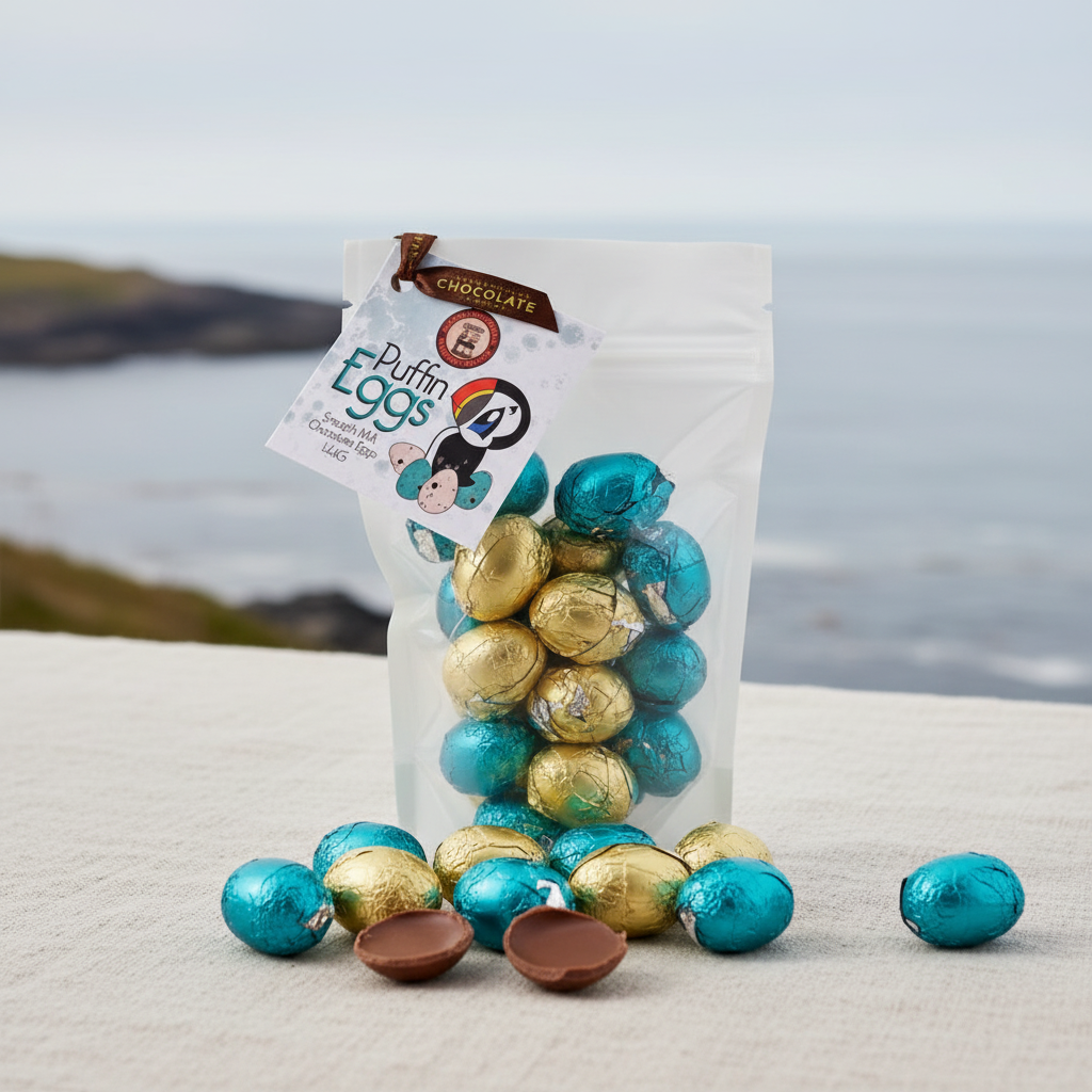 Milk Chocolate Puffin Eggs – coastal linen lifestyle scene