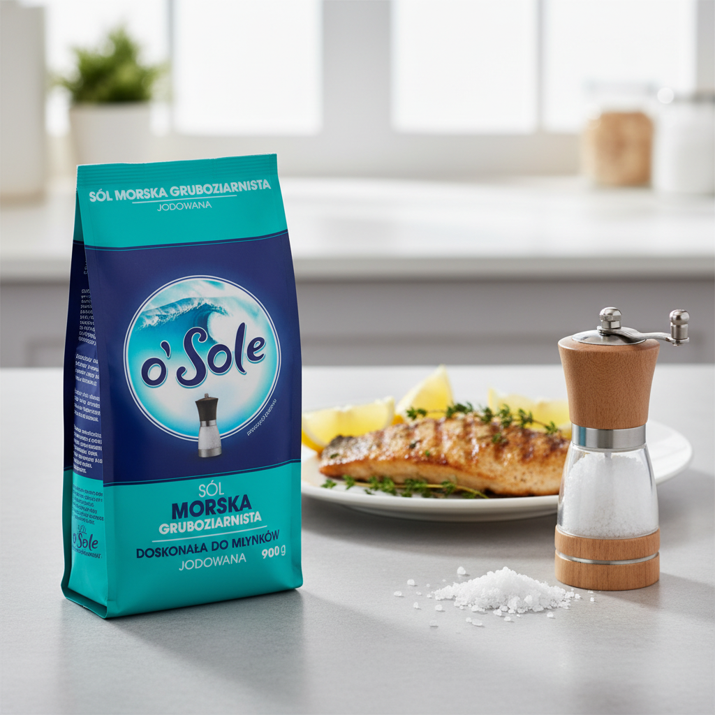 O'Sole coarse sea salt with a wooden grinder and grilled fish on a modern kitchen countertop