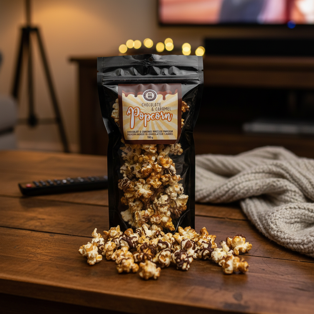Chocolate & Caramel Drizzled Popcorn – cozy movie night lifestyle scene