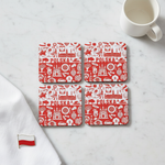 Folkstar Polish Symbols cork coasters arranged in 2x2 flat lay on marble surface with white mug