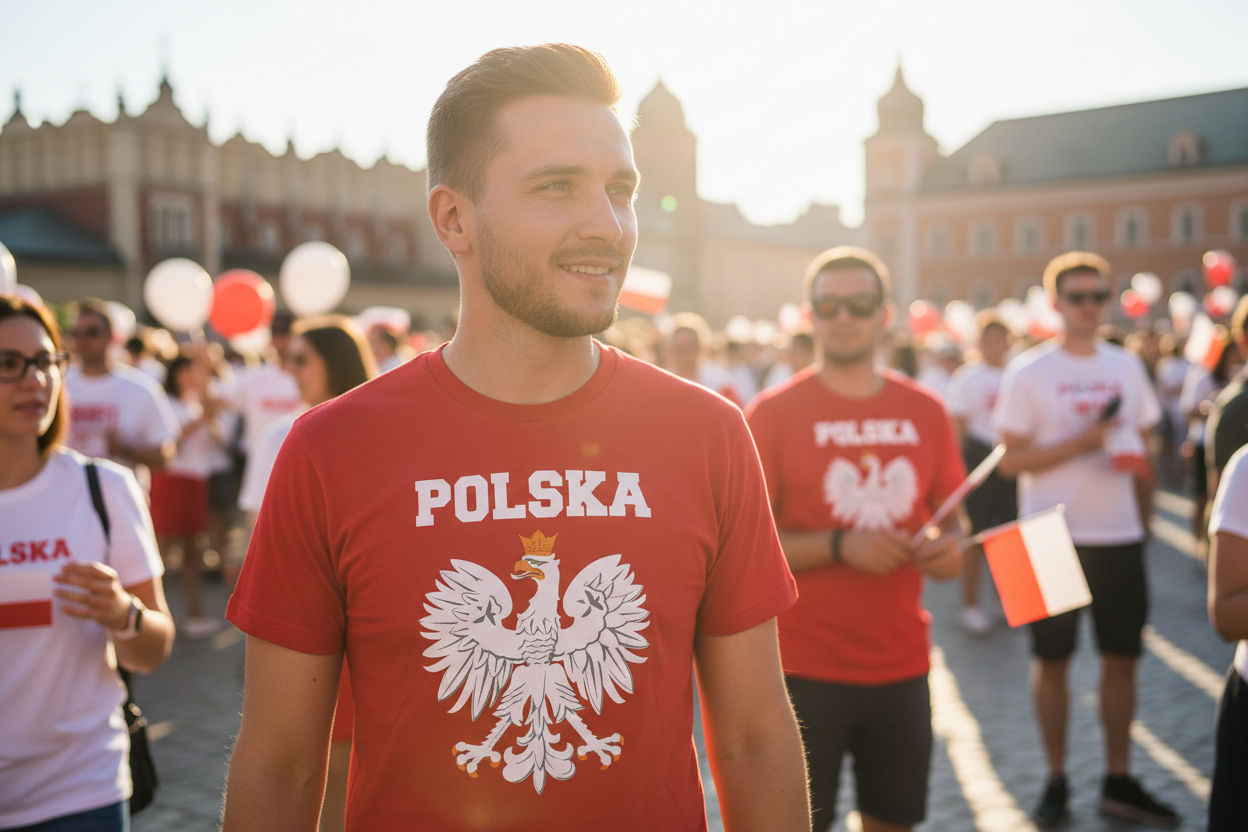 Person wearing red Polska eagle t-shirt outdoors at a Polish national celebration