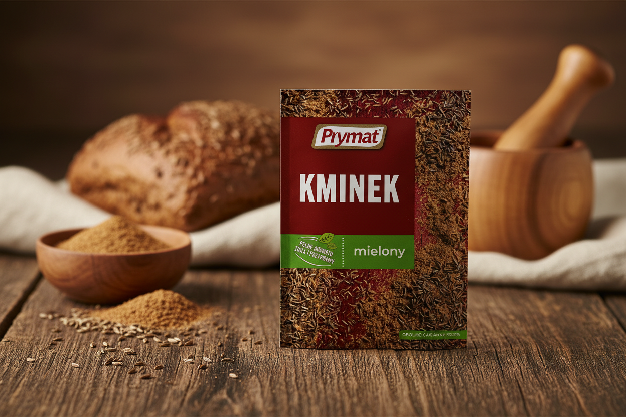 Prymat ground caraway packet on a rustic wooden table with small wooden bowl of warm brown ground caraway powder and whole caraway seeds scattered and freshly baked dark Polish rye bread roll with caraway crust and wooden mortar and pestle alongside