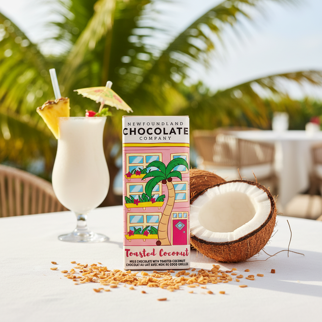 Newfoundland Chocolate Company Toasted Coconut – tropical lifestyle scene