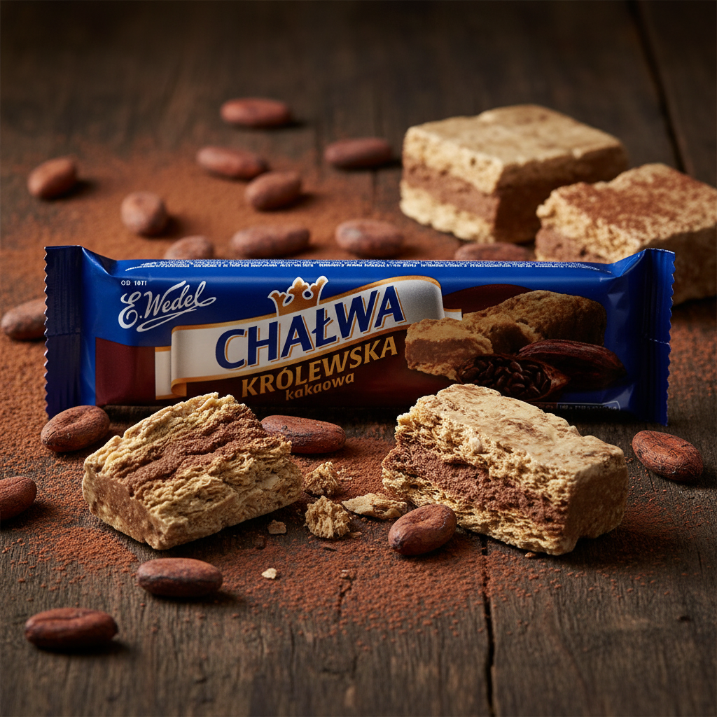 E. Wedel Chałwa Królewska Kakaowa bar on dark wood with cacao beans, cocoa powder and broken halva pieces