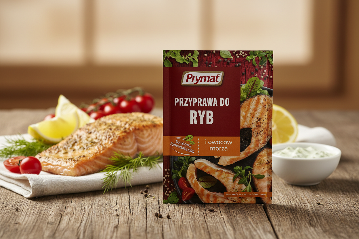 Prymat fish and seafood seasoning packet on a rustic wooden table with golden pan-seared salmon fillet with crispy skin and herb crust alongside lemon wedges fresh dill sprigs and cherry tomatoes and small bowl of creamy dill sauce in warm natural light