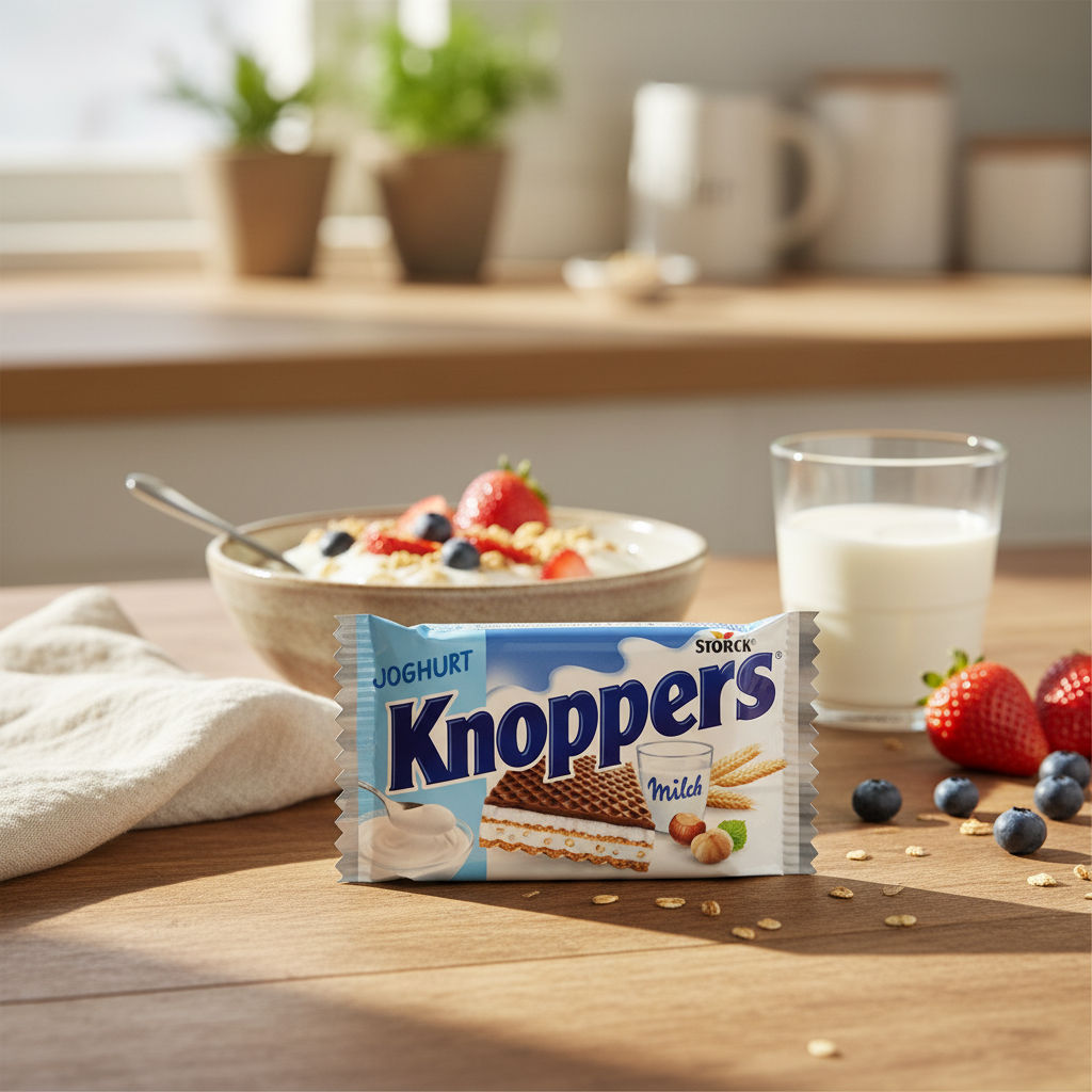 Knoppers Yogurt Wafer Snack with realistic breakfast scene background
