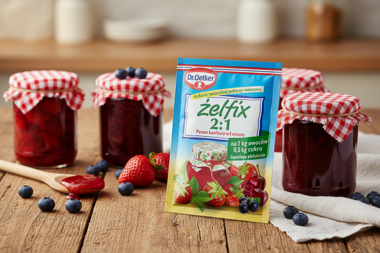Dr. Oetker Żelfix 2:1 packet on a wooden table with homemade strawberry and mixed berry jam jars with gingham lids and fresh berries alongside