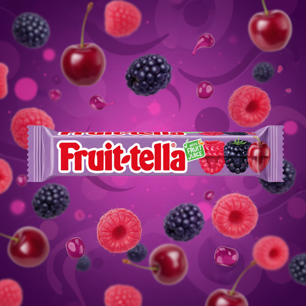 Fruit-tella Berry Cherry with berry background
