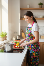 Woman wearing Folkstar black Łowicz folk floral apron with pink straps cooking in a bright kitchen