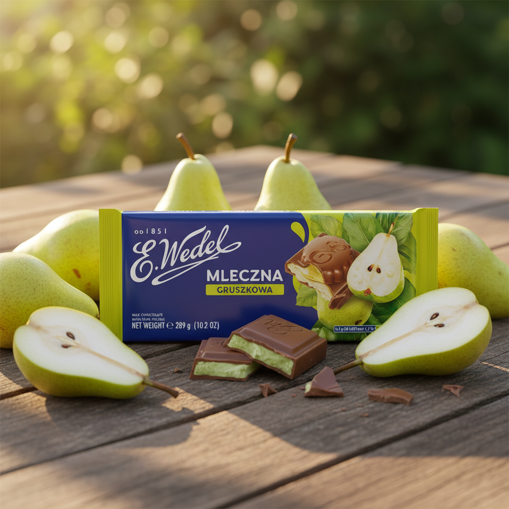 E. Wedel Mleczna Gruszkowa 289g bar on garden table with fresh pears and golden afternoon light