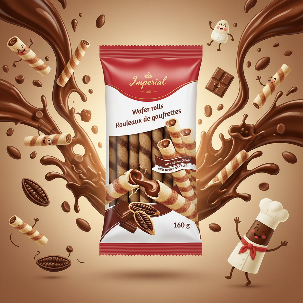 Imperial Wafer Rolls Cocoa with chocolatey background