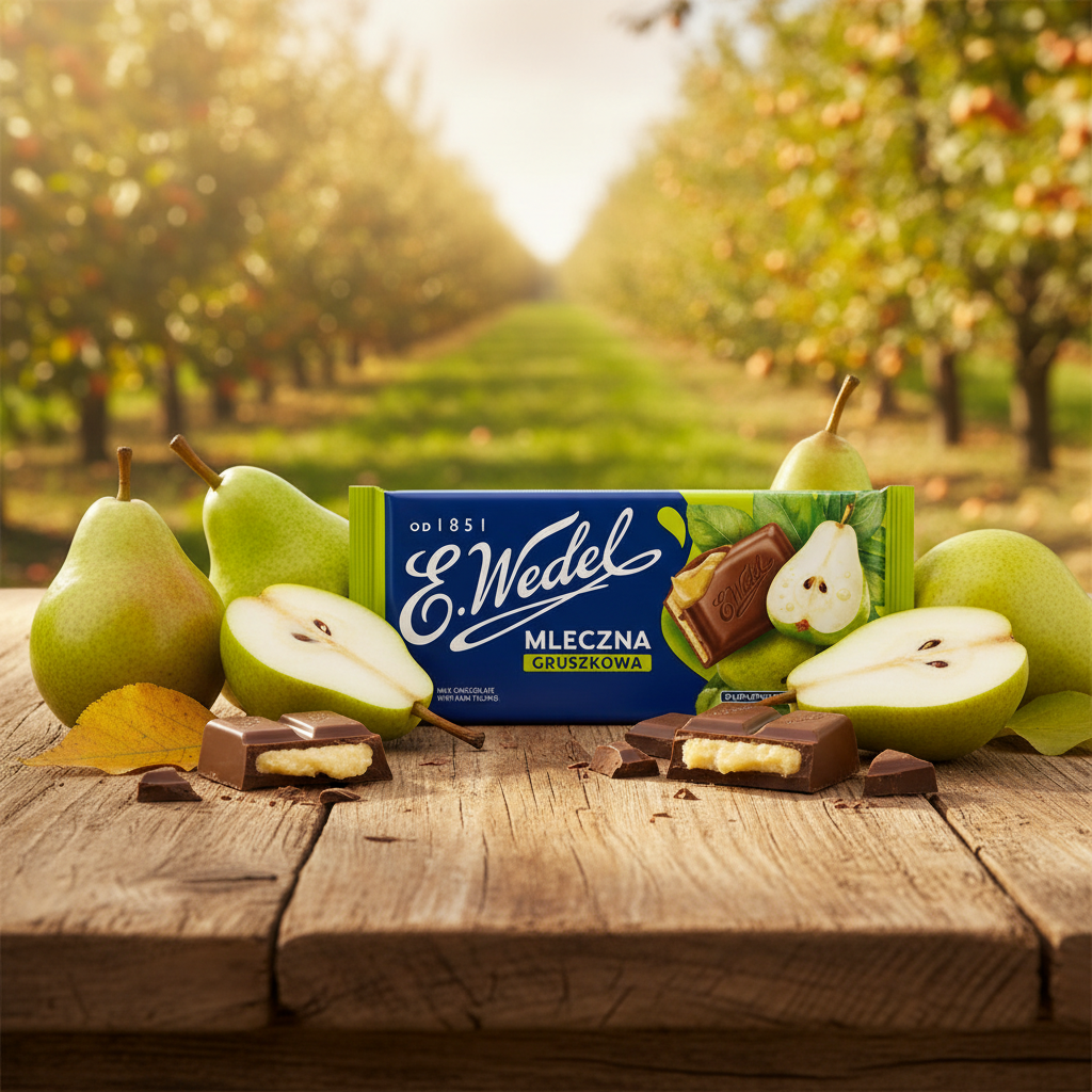 E. Wedel Mleczna Gruszkowa bar on rustic table in autumn orchard with fresh pears and golden light