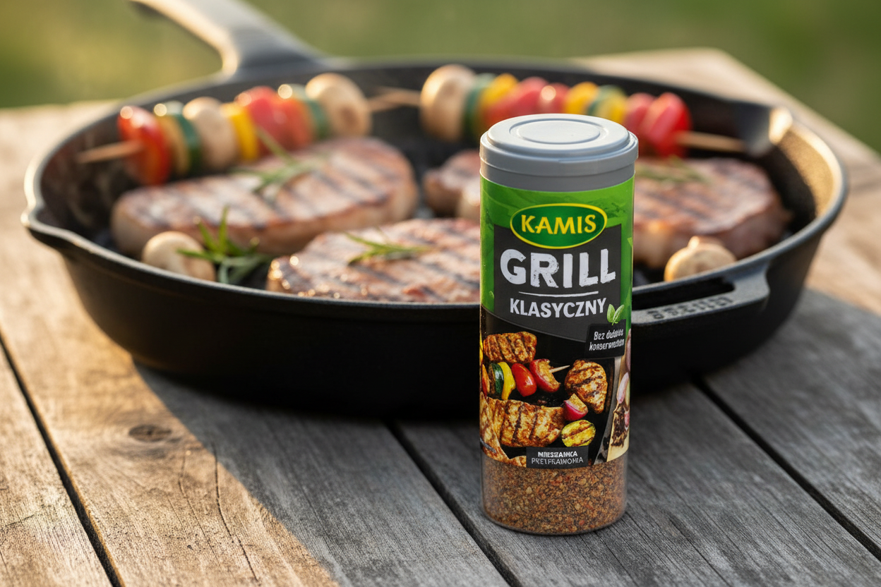 Kamis Grill Klasyczny seasoning jar on a rustic outdoor wooden table with sizzling cast iron grill pan with charred pork neck steaks and colourful vegetable skewers with golden grill marks and fresh rosemary sprigs in warm summer evening light