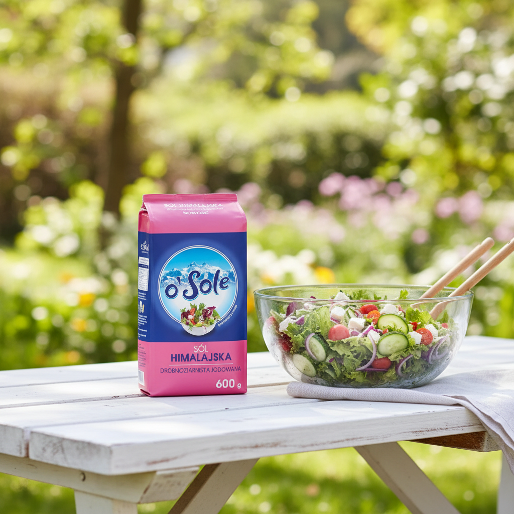 O'Sole Himalayan Salt styled with a fresh salad at a picnic table