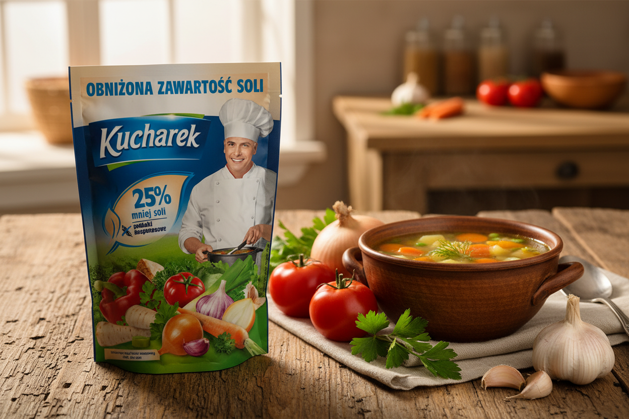 Kucharek reduced-salt seasoning bag on a wooden table with a light golden vegetable soup bowl and fresh tomatoes onions and garlic