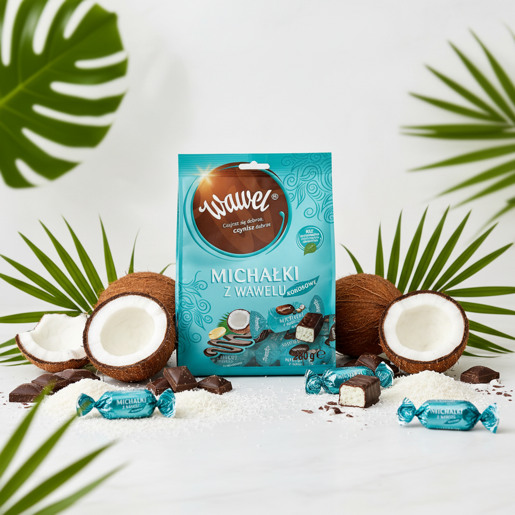 Wawel Michałki Kokosowe with fresh coconut and dark chocolate on a white surface
