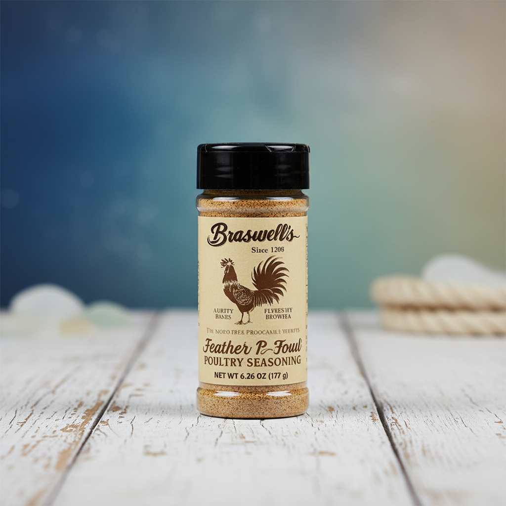 Braswell's Feather & Fowl Poultry Seasoning jar with premium coastal background
