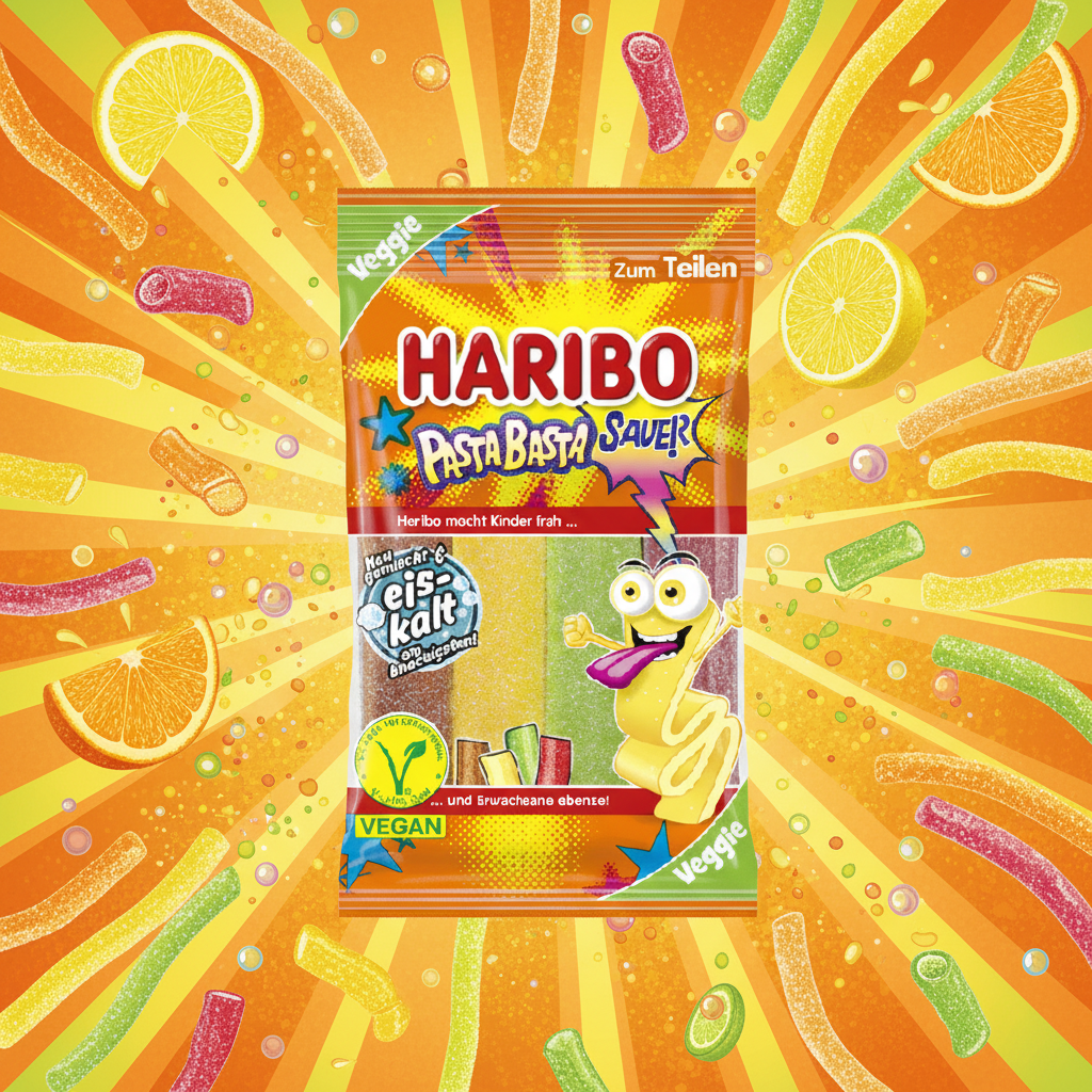 Haribo Pasta Basta Sauer with zesty background
