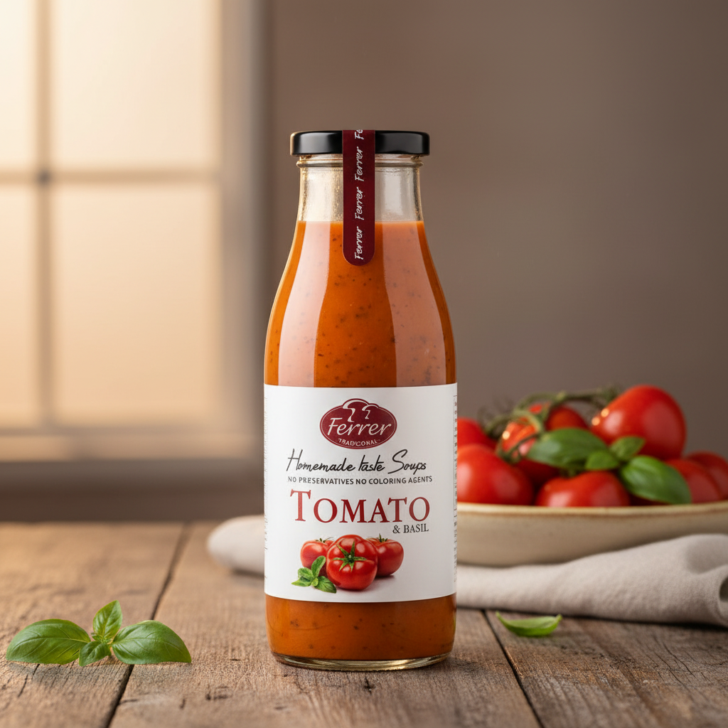 Ferrer Tomato & Basil Homemade Irish Soup bottle with premium background