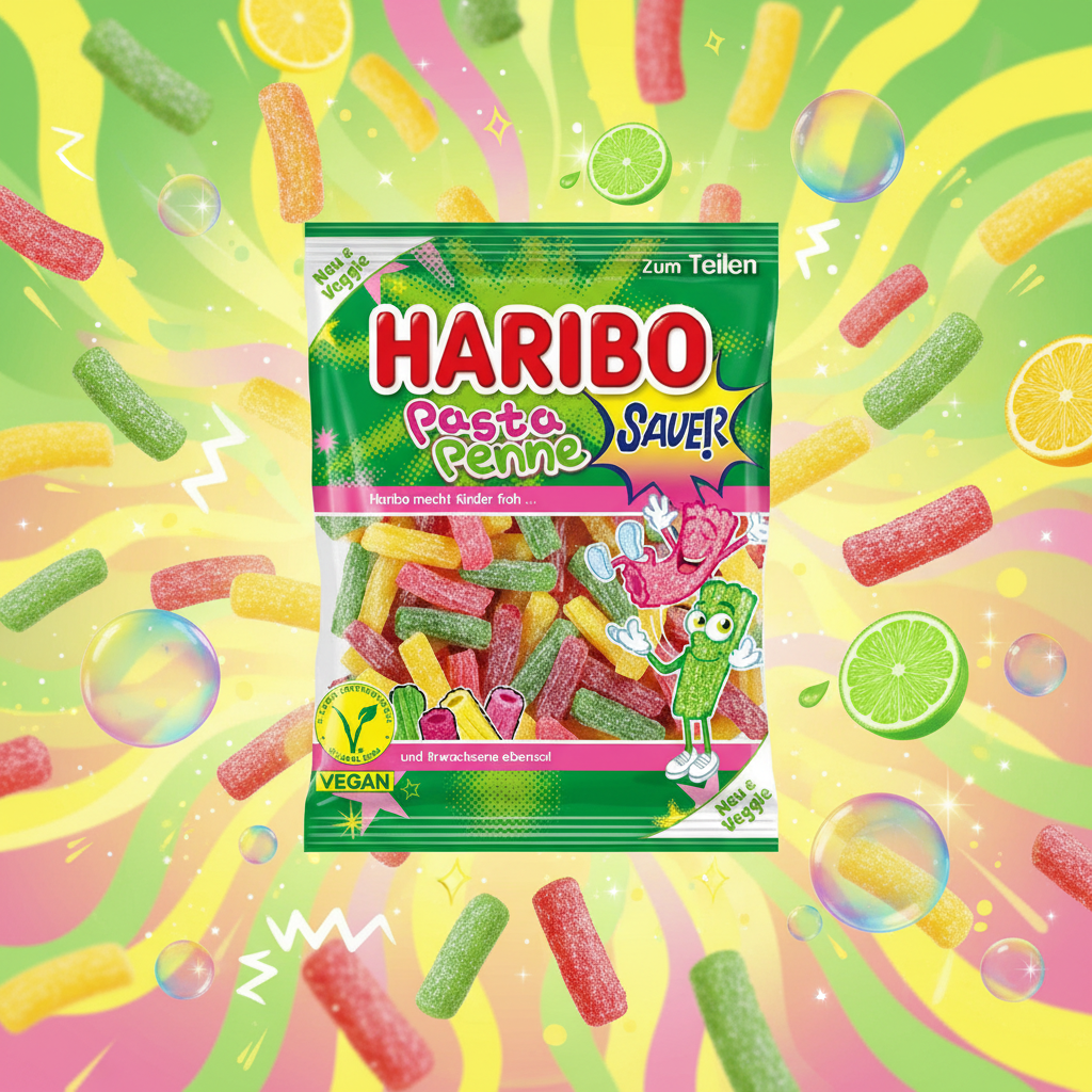 Haribo Pasta Penne Sauer with zesty background