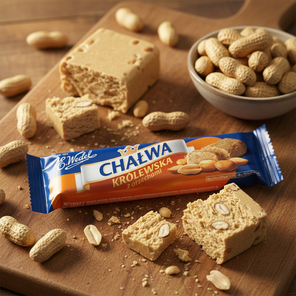 E. Wedel Chałwa Królewska z Orzechami bar on wooden surface with roasted peanuts and broken halva pieces