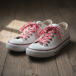 Folkstar #Polska shoelaces laced up on white canvas sneakers on a wooden floor