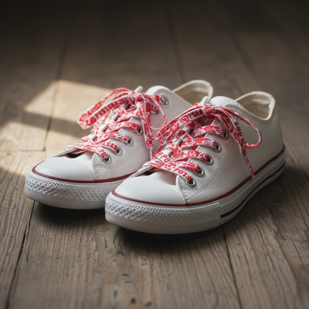Folkstar #Polska shoelaces laced up on white canvas sneakers on a wooden floor
