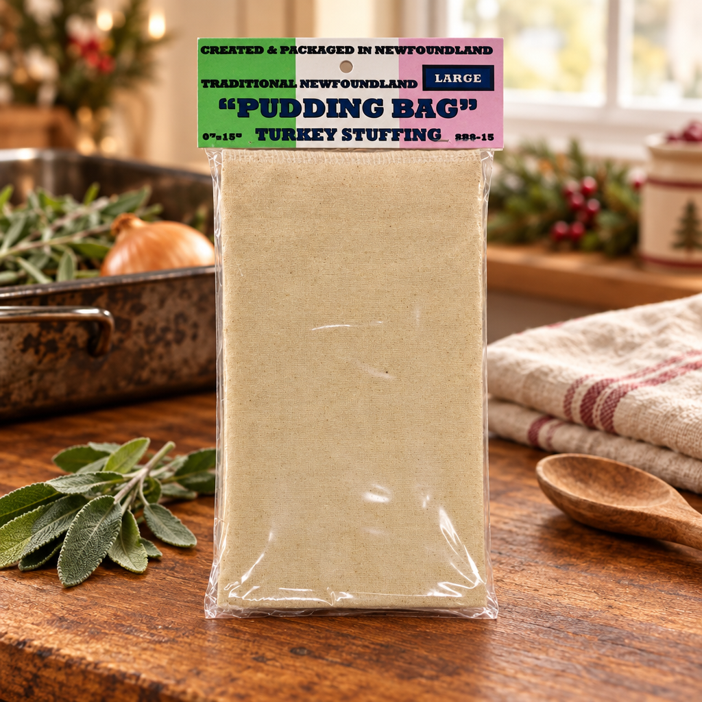Packaged large Traditional Newfoundland Pudding Bag on a warm holiday kitchen prep table