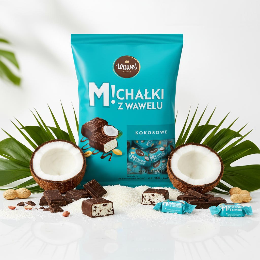 Wawel Michałki Kokosowe 1kg bag with fresh coconut and scattered chocolates on white surface