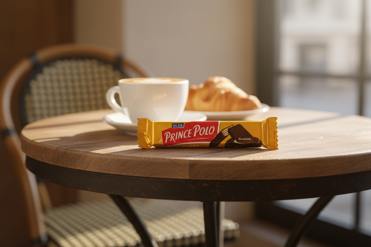 Prince Polo Classic Mini chocolate wafer bar at European café