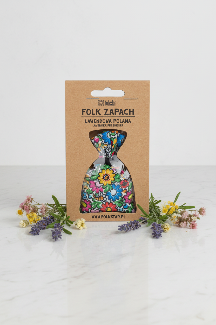 Folkstar Folk Zapach Lawendowa Polana freshener on marble surface with fresh lavender sprigs and dried wildflowers
