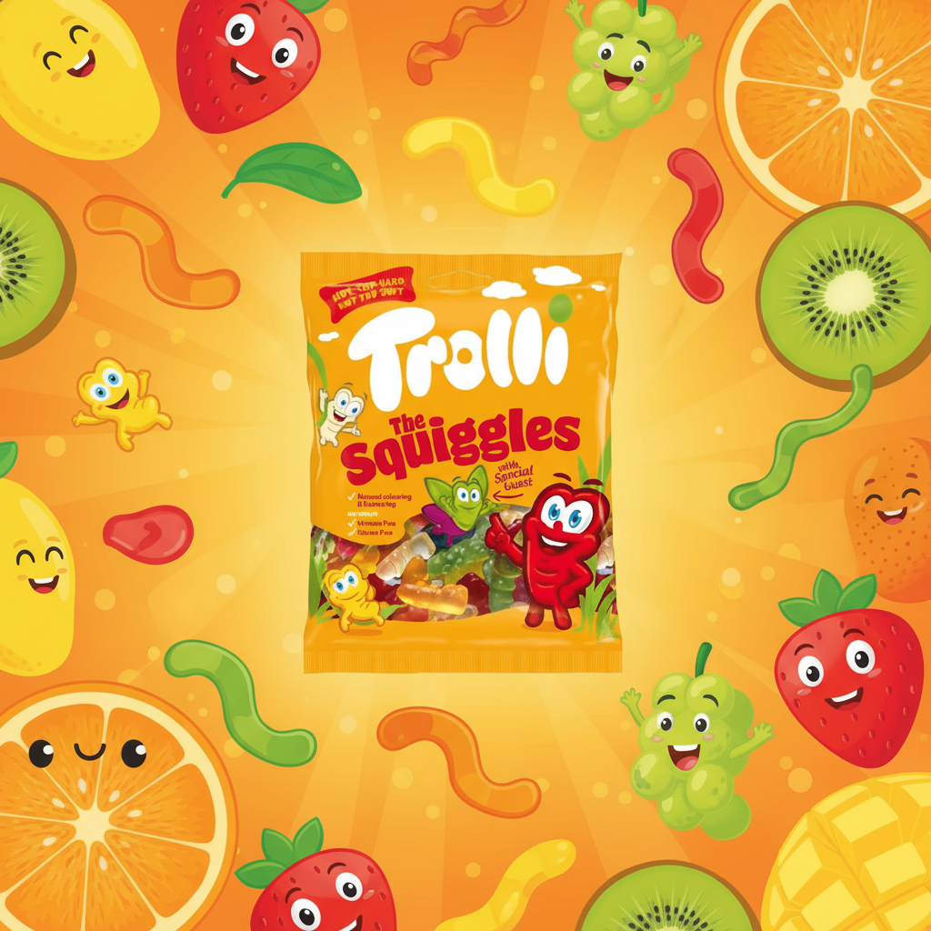 Trolli The Squiggles with fruity background