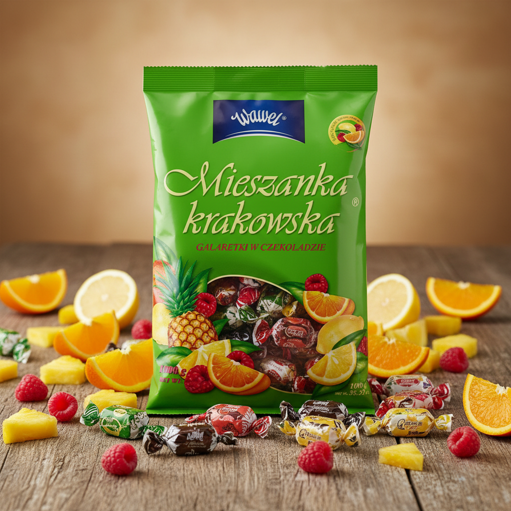 Wawel Mieszanka Krakowska 1kg bag on rustic table with scattered jellies and fresh fruits
