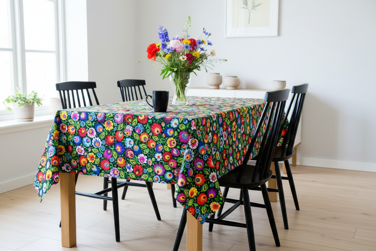 Folkstar Łowicz black folk tablecloth on a wooden dining table with black mug and fresh flowers