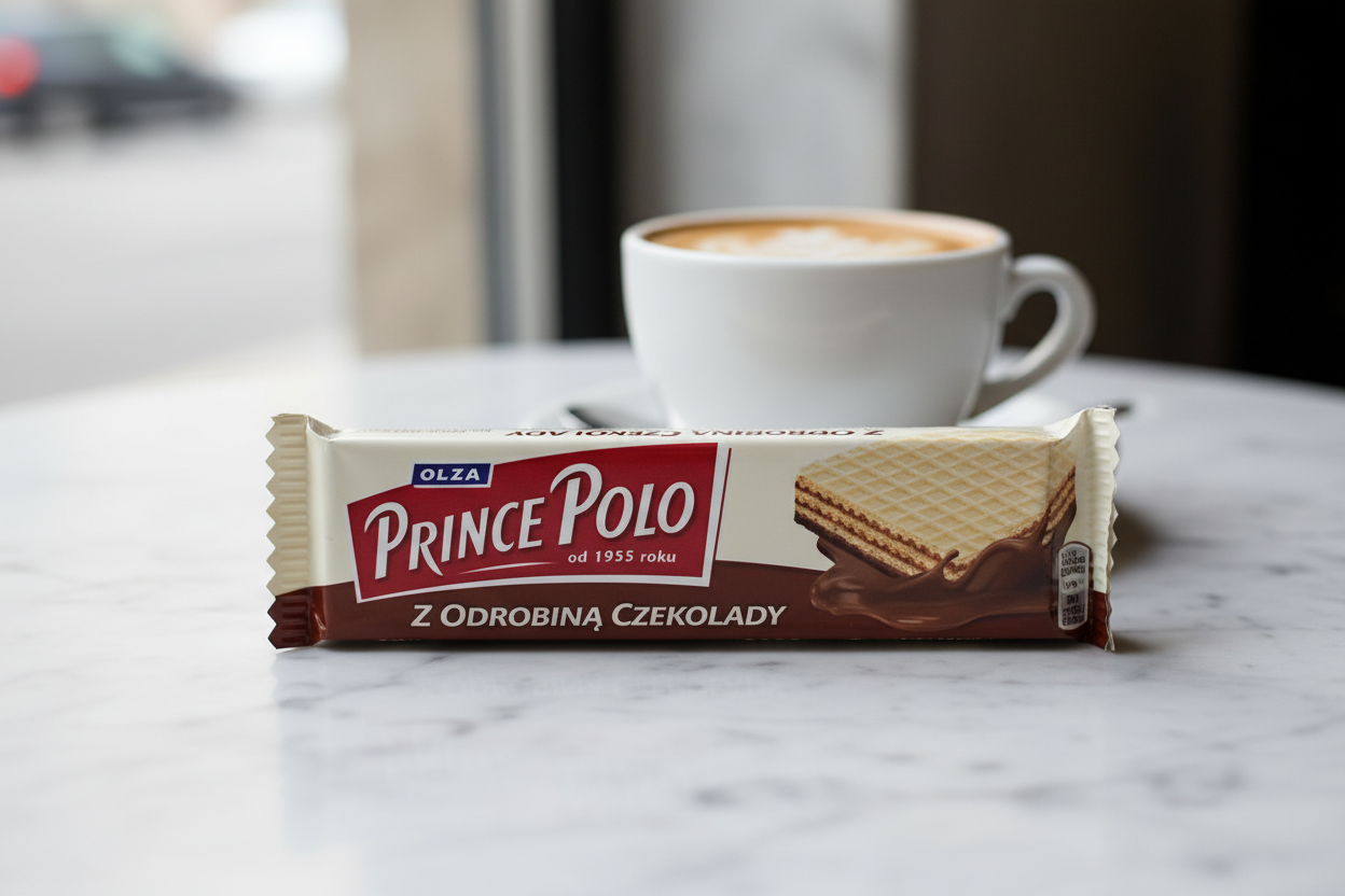 Prince Polo chocolate wafer bar close-up in European café setting