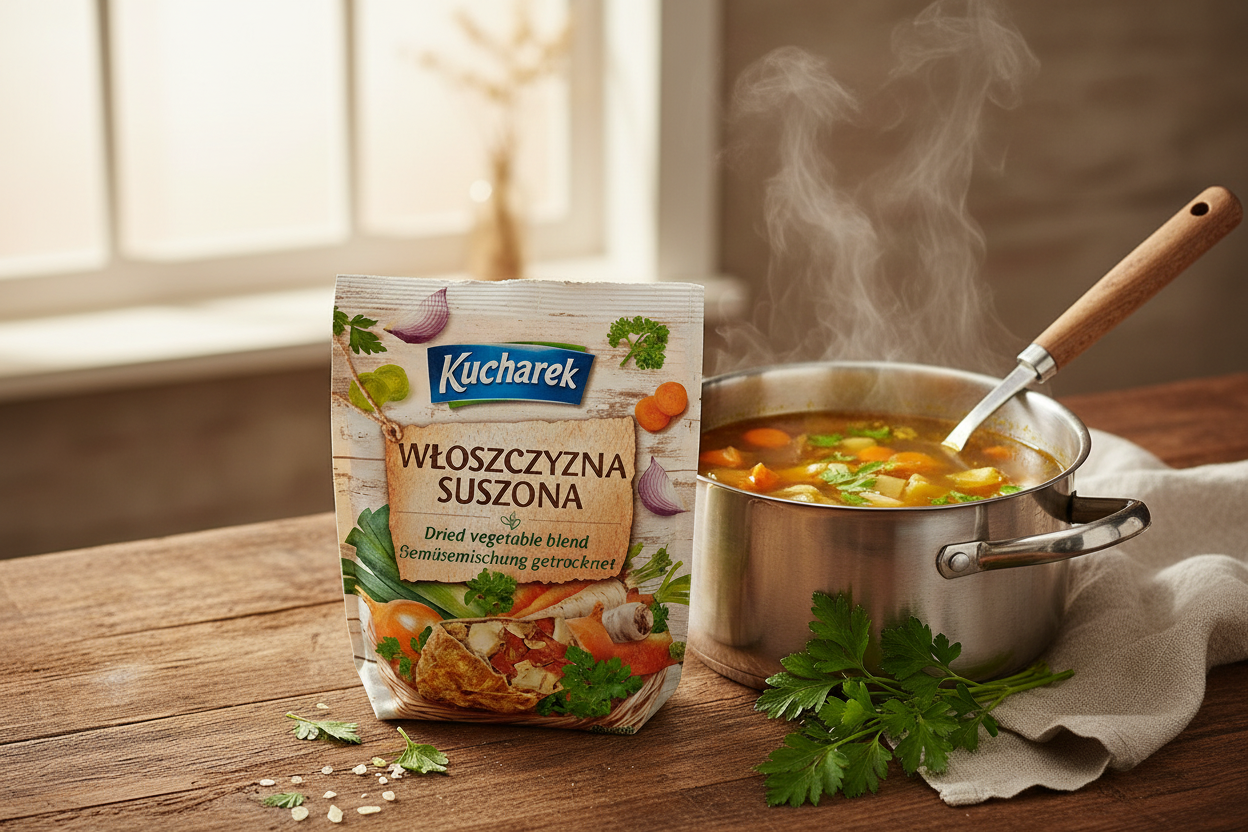 Kucharek dried soup vegetables bag on a wooden table with a steaming pot of golden rosół chicken broth with dried vegetables and fresh parsley