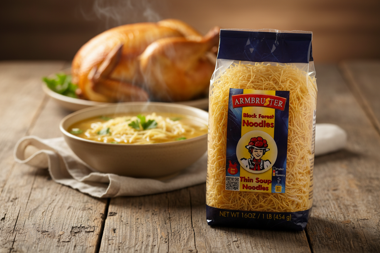 Armbruster Black Forest Thin Soup Noodles bag on a rustic wooden table with steaming bowl of golden chicken broth soup with thin delicate egg noodles and fresh flat-leaf parsley garnish with whole roasted chicken in the deep background in warm amber natural light