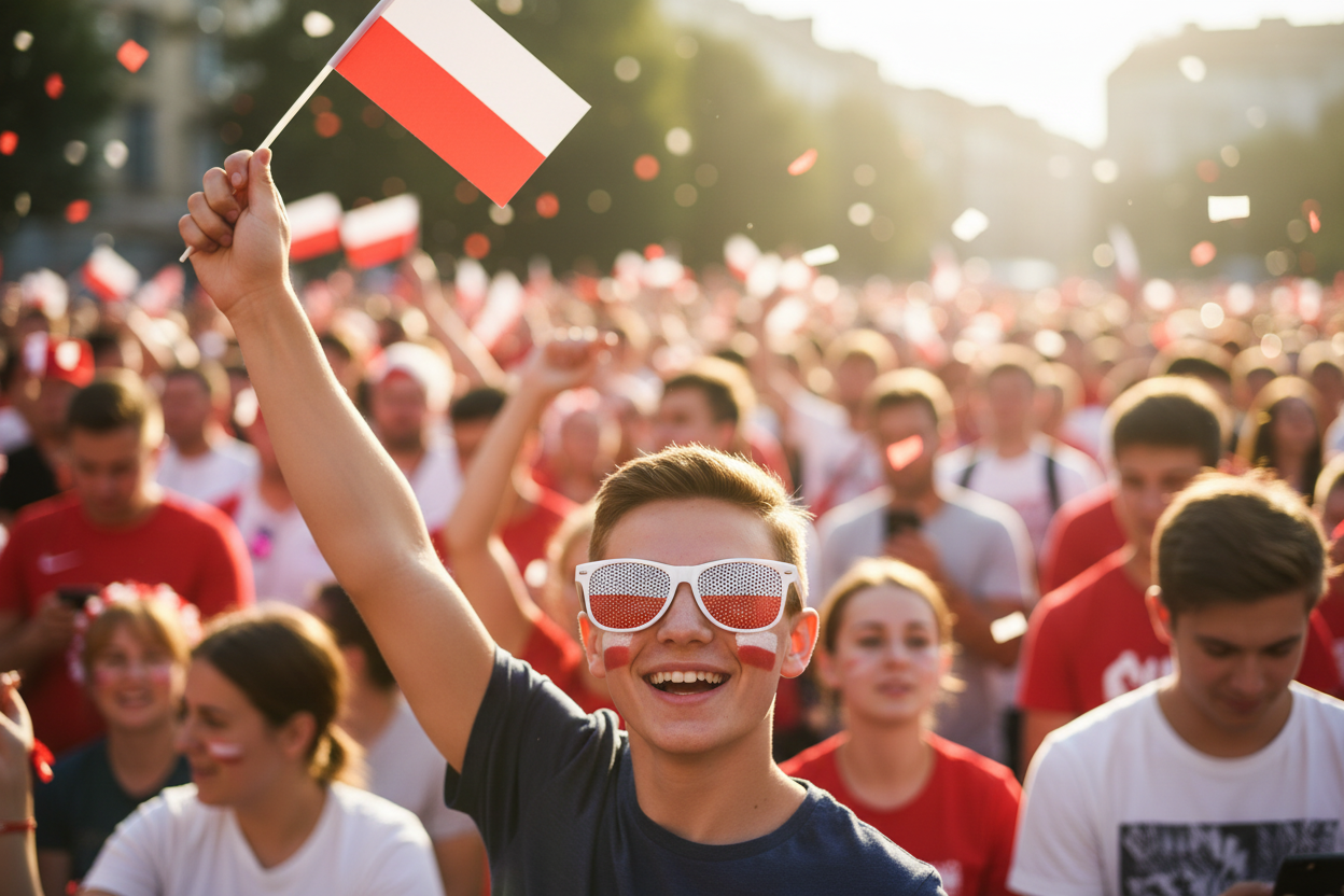 Person wearing Polish flag fan sunglasses at a football match cheering for Poland