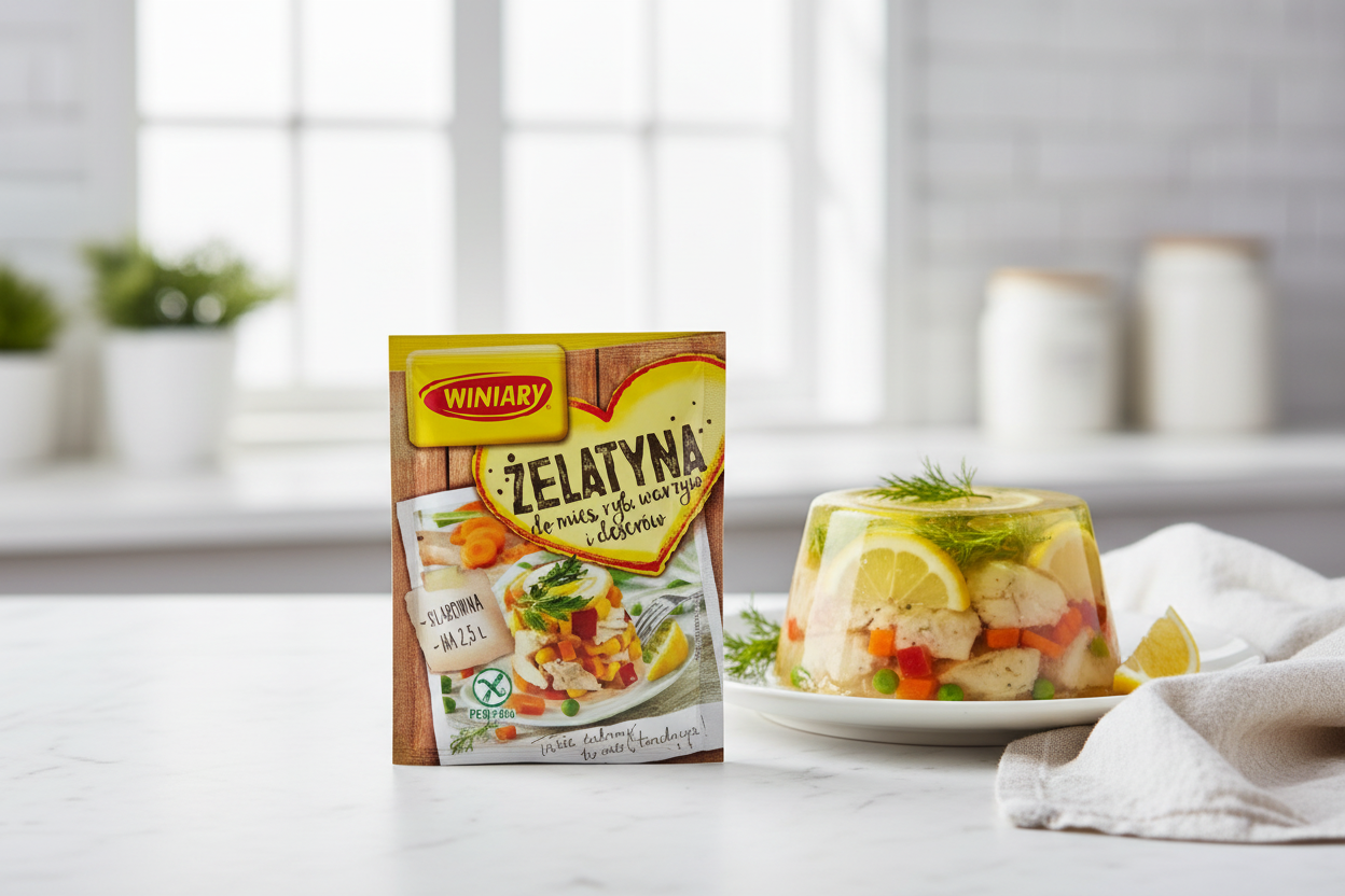 Winiary gelatin packet on a white marble surface with a clear golden fish aspic terrine with lemon slices vegetables and fresh dill on a white plate