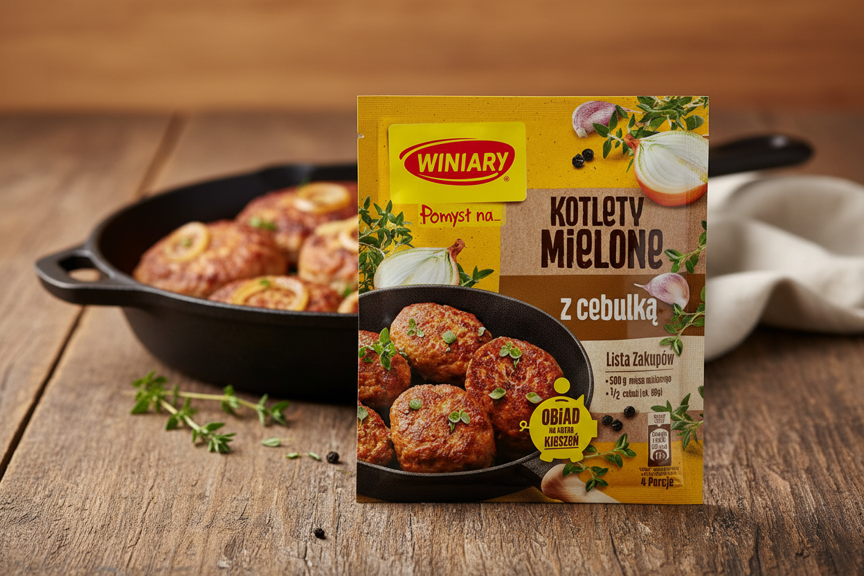Winiary Pomyśl na kotlety mielone packet on a rustic wooden table with golden-brown pan-fried minced meat cutlets in cast iron skillet with caramelised onion rings and fresh thyme alongside