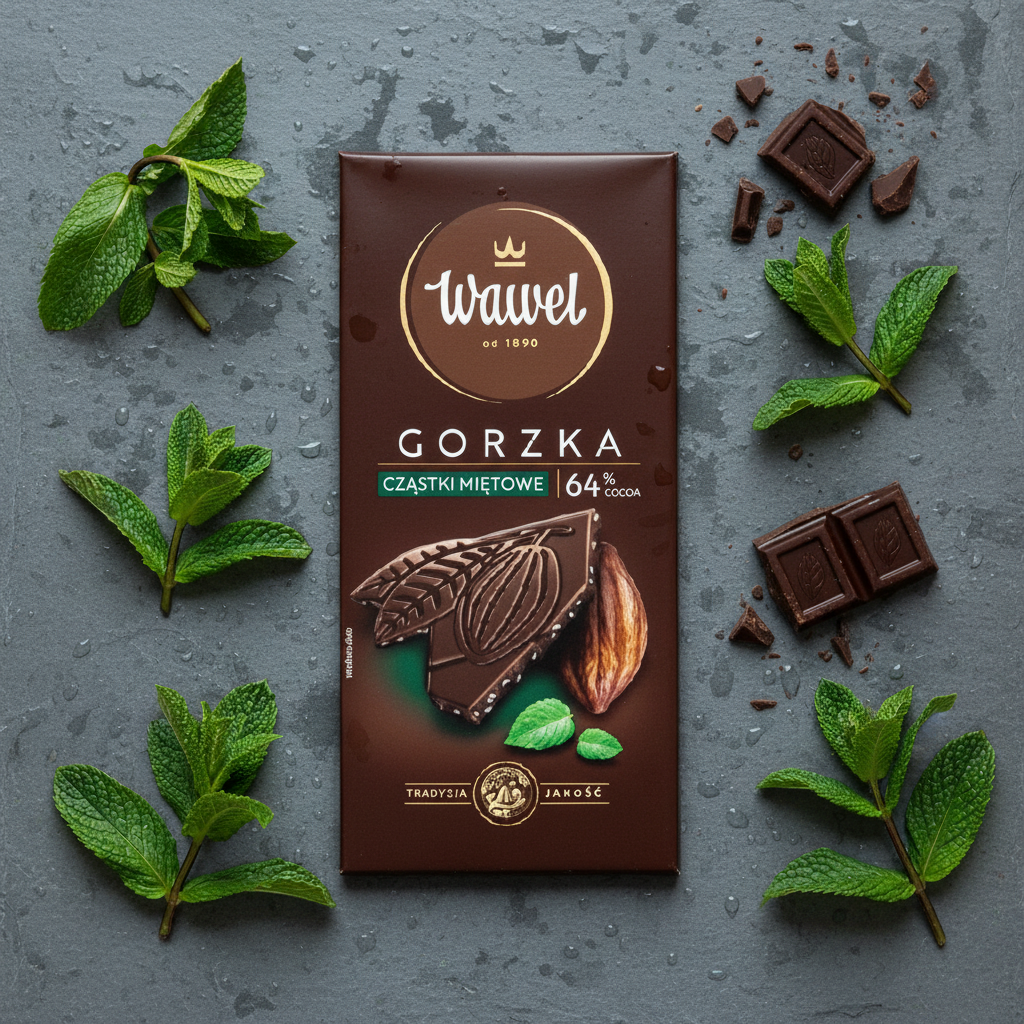 Wawel dark chocolate mint bar with fresh mint leaves on cool slate surface