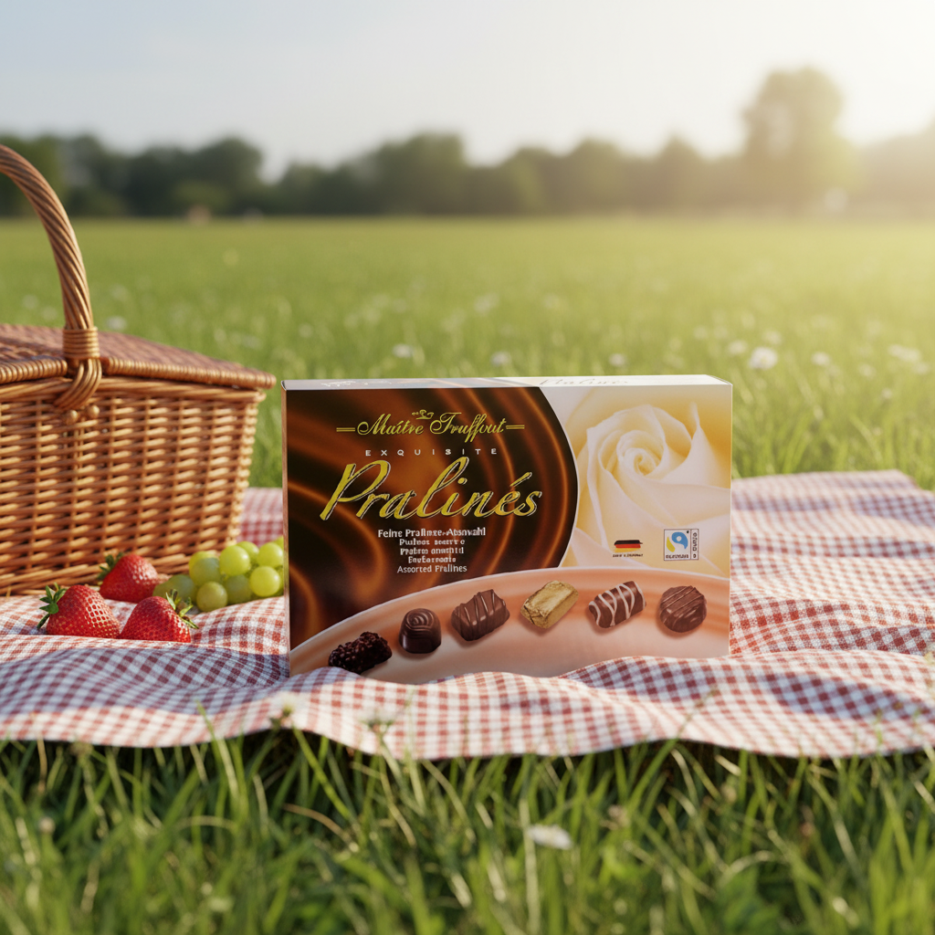 Maitre Truffout Pralines Medium Box with realistic picnic background