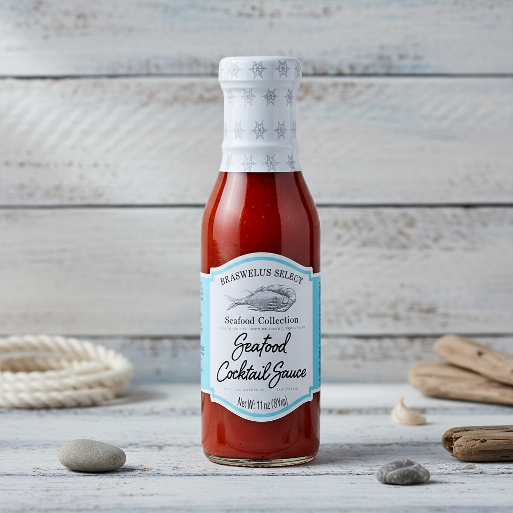 Braswell's Seafood Cocktail Sauce bottle with premium coastal background