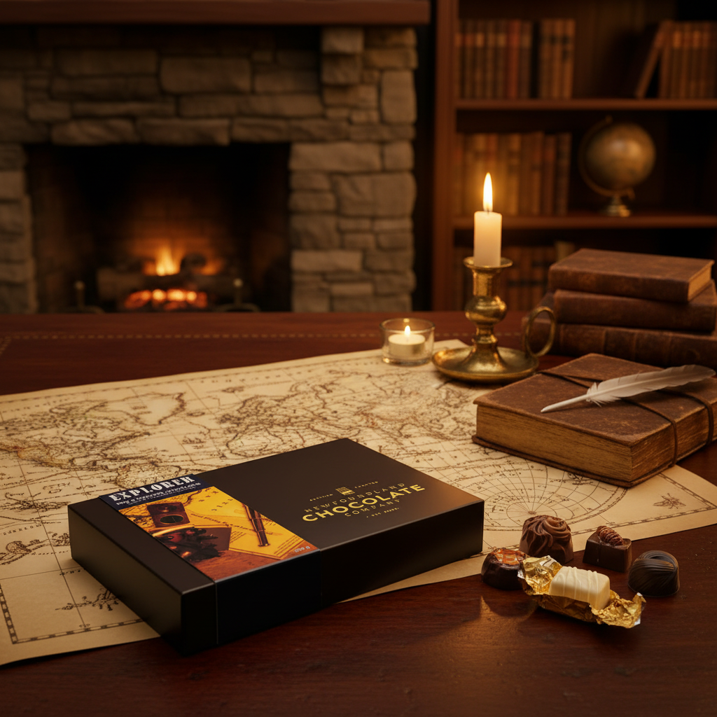 Explorer Nut & Caramel Chocolates box by Newfoundland Chocolate Company on a rustic desk with antique map