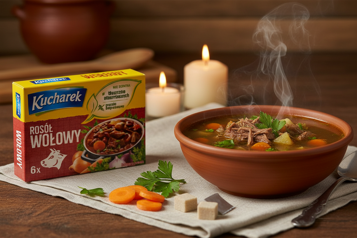 Kucharek beef broth bouillon box on a wooden table with a steaming bowl of rich dark golden beef broth with tender beef pieces root vegetables and fresh parsley