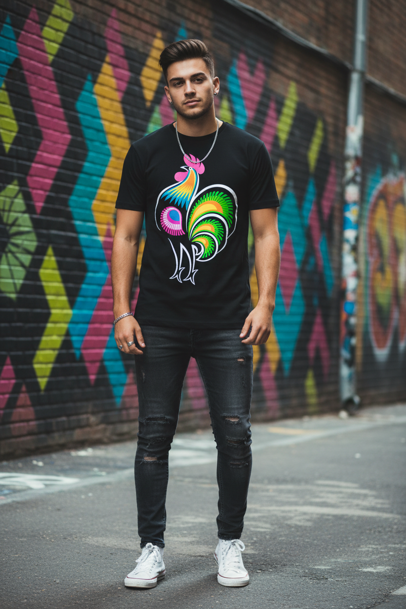 Folkstar Kogut t-shirt worn by a young man in an urban street art setting