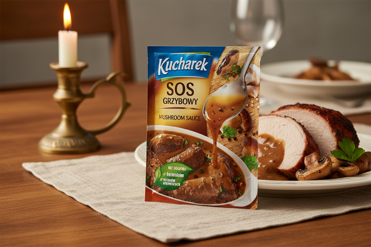 Kucharek mushroom sauce packet on a wooden table with sliced roast pork loin with rich dark mushroom sauce poured over it and fresh mushrooms and parsley garnish
